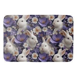 Tapete De Banheiro Padrão com Coelhos Brancos e Flores Roxas