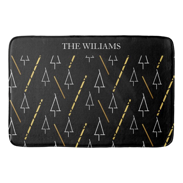 Tapete De Banheiro Padrão da árvore de Natal em preto, branco e Doura (Frente)