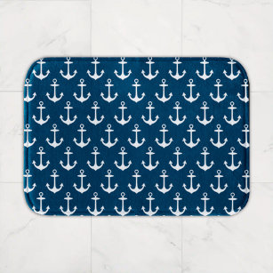 Tapete De Banheiro Padrão de Âncora do Barco Branco e Azul do Marinho