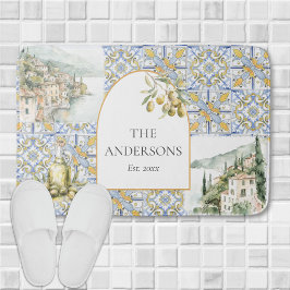 Tapete De Banheiro Padrão de Azulejo Amarelo Azul Mediterrâneo Oliva