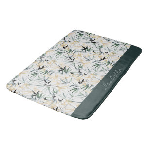 Tapete De Banheiro Padrão de Bambu Verde Dourado com Aquarela Japones