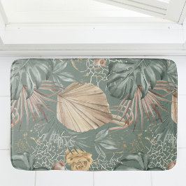 Tapete De Banheiro Padrão de Cores Aquáticas Tropicais Douradas e Fol