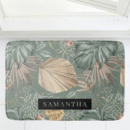 Tapete De Banheiro Padrão de Cores Aquáticas Tropicais Douradas e Fol