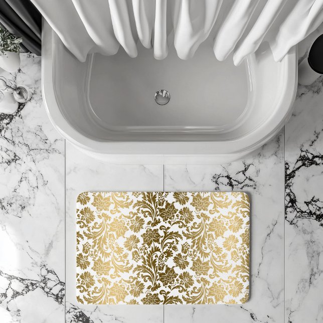 Tapete De Banheiro Padrão de Damascos Florais Branco e Dourado (Criador carregado)