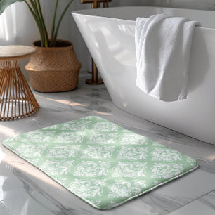 Tapete De Banheiro Padrão de Damascos Florais Branco e Verde Salvia