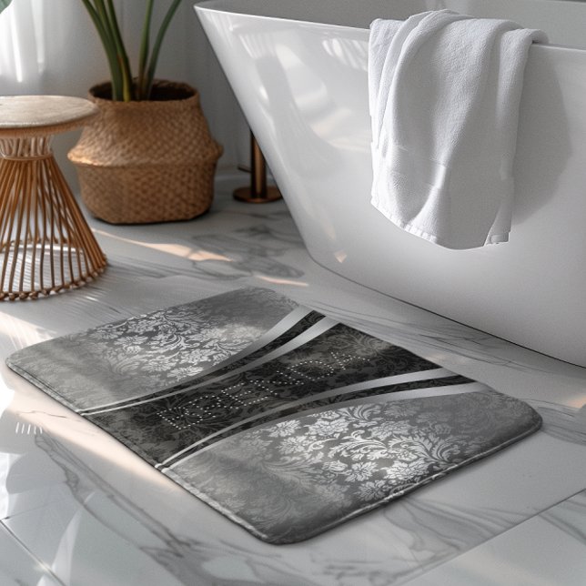 Tapete De Banheiro Padrão De Damascos Florais Pretos E Cinzas De Prat (Criador carregado)