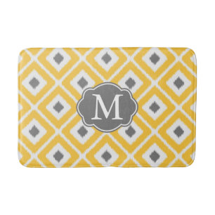 Tapete De Banheiro Padrão de Diamante de Ikat Amarelo, Cinza, Branco