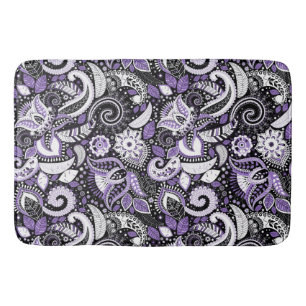Tapete De Banheiro Padrão de Estampa Paisley Branco Roxo Preto