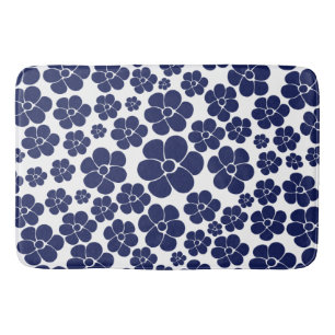Tapete De Banheiro Padrão de Flor - Azul e Branco