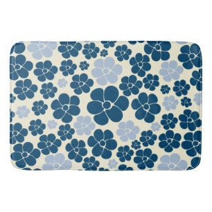 Tapete De Banheiro Padrão de Flor - Azul Escuro, Azul Claro e Creme