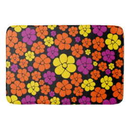 Tapete De Banheiro Padrão de Flor - Preto, Rosa, Laranja e Amarelo