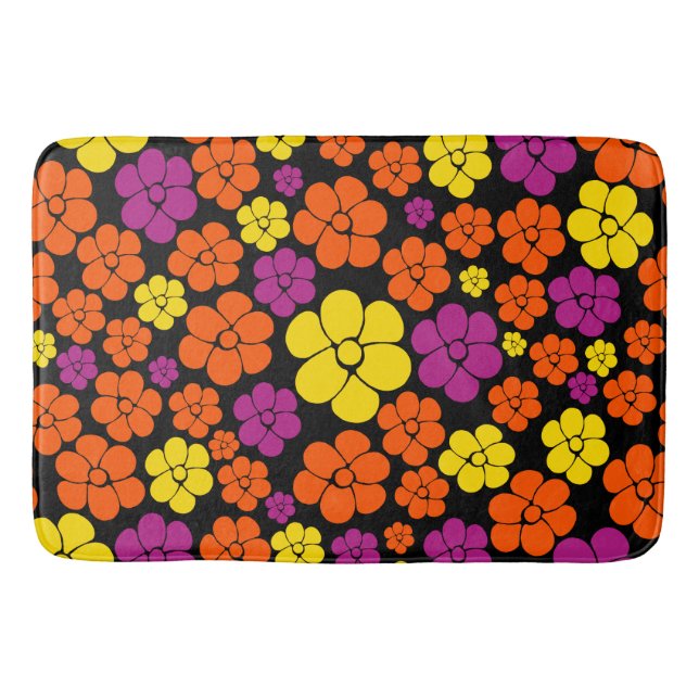 Tapete De Banheiro Padrão de Flor - Preto, Rosa, Laranja e Amarelo (Frente)