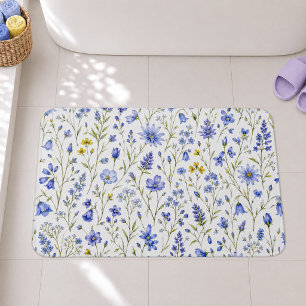 Tapete De Banheiro Padrão de Flor Silvestre Aquarela Azul Amarelo Ver