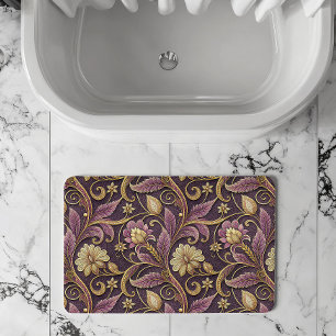 Tapete De Banheiro Padrão de Flores Relevo Roxo e Dourado