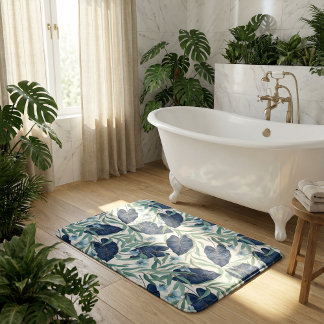 Tapete De Banheiro Padrão de Folha Botânica Tropical Azul – Elegante
