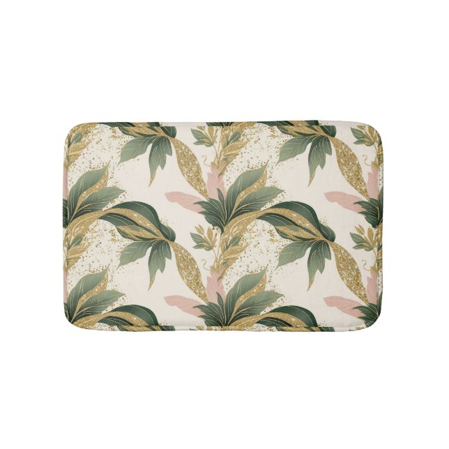 Tapete De Banheiro Padrão de Folha Verde e Dourado Elegante com Toque (frente)