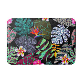 Tapete De Banheiro Padrão de Folhas e Flores Tropicais Vibrantes