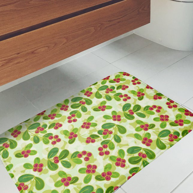 Tapete De Banheiro Padrão de Fruta de amora festiva, verde (Festive Cranberry Pattern Bath Mat)