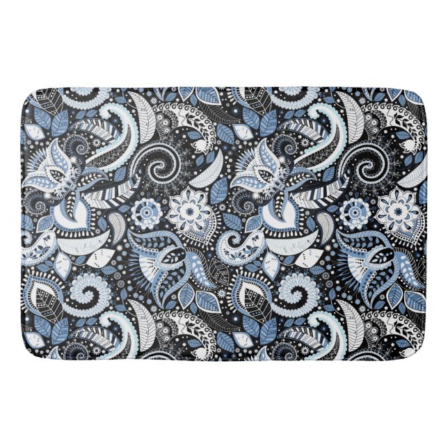 Tapete De Banheiro Padrão de Impressão de Paisley Branco e Azul (Frente)
