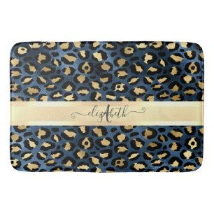 Tapete De Banheiro Padrão de Leopardo Monograma Azul Dourado