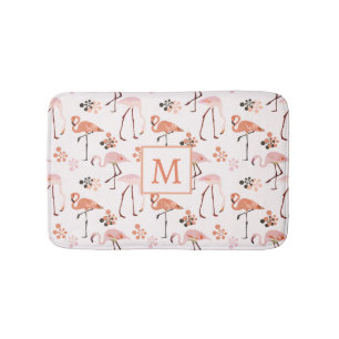 Tapete De Banheiro Padrão de Monograma de Coral Rosa Flamingo