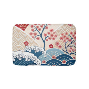 Tapete De Banheiro Padrão de Onda Japonesa Moderna e Cerejeira em Flo