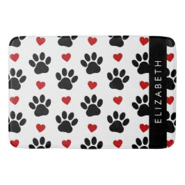 Tapete De Banheiro Padrão De Patas, Patas Negras, Corações Vermelhos,