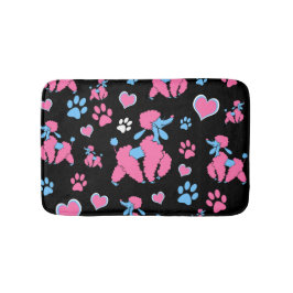 Tapete De Banheiro Padrão de Poodle Rosa e Azul em Fundo Preto