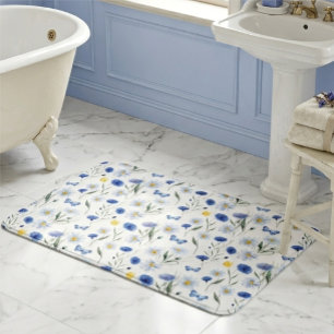 Tapete De Banheiro Padrão de Prado de Flores Silvestres Aquarela Azul