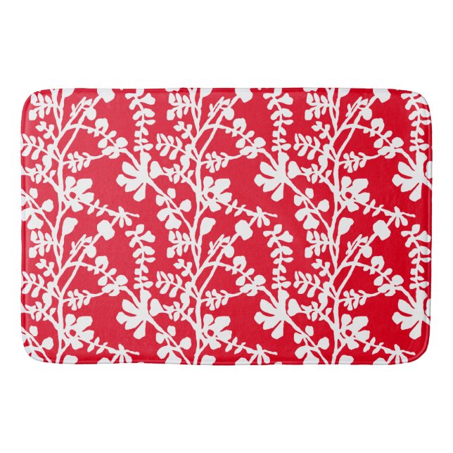 Tapete De Banheiro Padrão De Repetição Floral Vermelho E Branco (Frente)