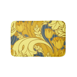 Tapete De Banheiro Padrão Dourado da Tulipa Azul da Vintage