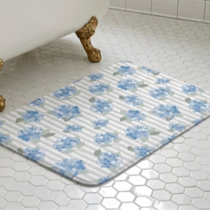 Tapete De Banheiro Padrão Elegante de Hortênsia Azul com Listra Cinza