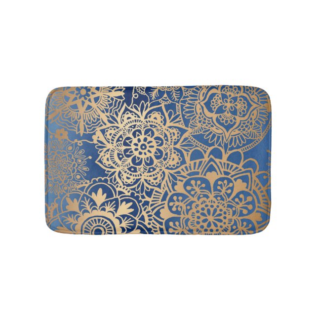 Tapete De Banheiro Padrão Elegante de Mandala Azul e Dourado (frente)