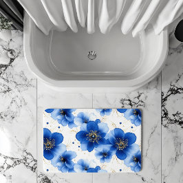 Tapete De Banheiro Padrão Floral Azul com Acentos Dourados