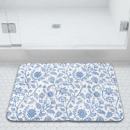 Tapete De Banheiro Padrão Floral Azul e Branco Botânico Caprichoso