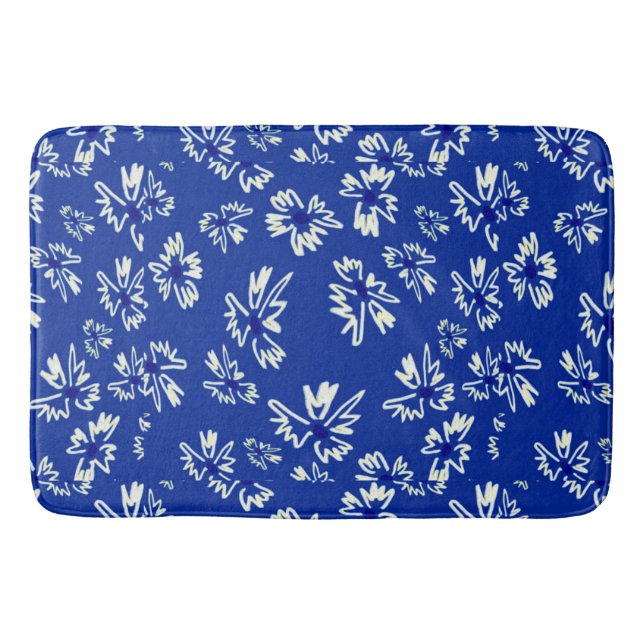 Tapete De Banheiro padrão floral branco e azul (Frente)
