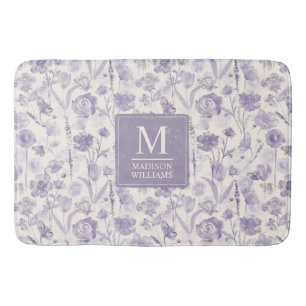 Tapete De Banheiro Padrão Floral de Flores de Lavanda Roxo Aquarela