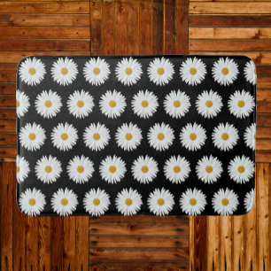 Tapete De Banheiro Padrão Floral de Margarida Branca em Preto