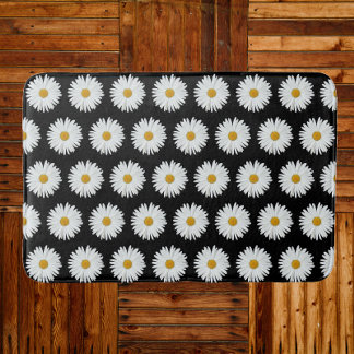Tapete De Banheiro Padrão Floral de Margarida Branca em Preto