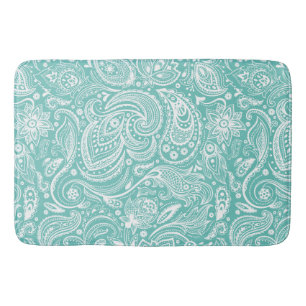 Tapete De Banheiro Padrão Floral de Paisley Floral Branco e Turquesa
