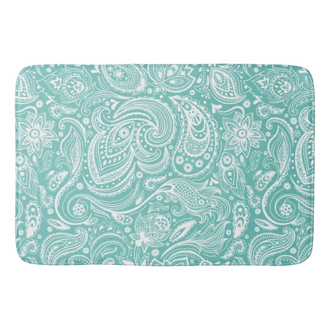Tapete De Banheiro Padrão Floral de Paisley Floral Branco e Turquesa (Frente)