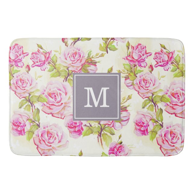 Tapete De Banheiro Padrão Floral Personalizado Bath Mat Rosa Monogram (Frente)