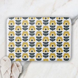 Tapete De Banheiro Padrão Floral Retro Azul Marinho e Amarelo Mostard
