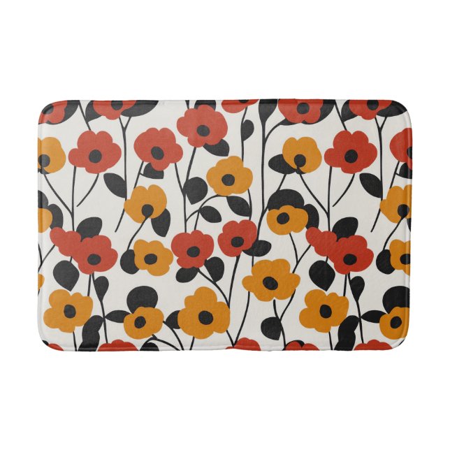 Tapete De Banheiro Padrão Floral Retroativo Negrito Vermelho, Laranja (Frente)