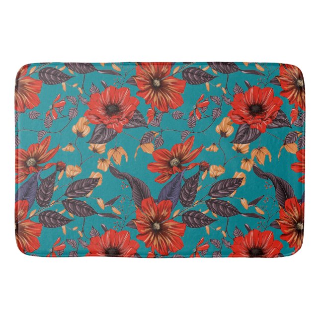 Tapete De Banheiro Padrão Floral Teal e Vermelho (Frente)