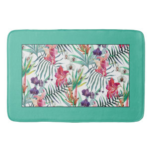 Tapete De Banheiro Padrão Floral Tropical Brilhante com Borda Aqua