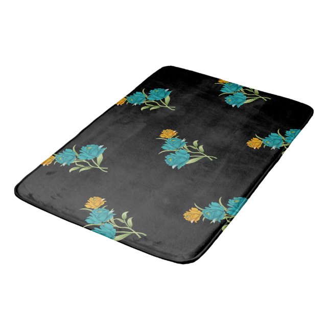 Tapete De Banheiro Padrão Floral Turquesa Coral Verde em Preto (Angulado)