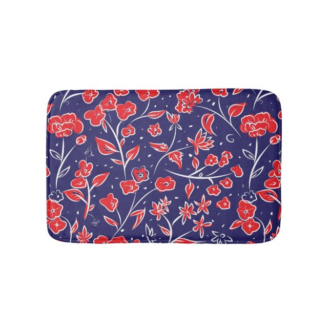 Tapete De Banheiro Padrão Floral Vermelho e Azul (frente)
