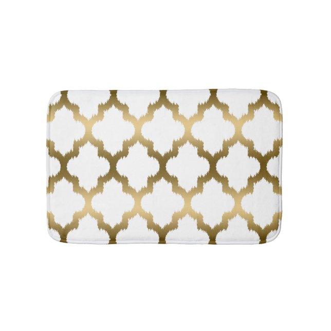 Tapete De Banheiro Padrão Geométrico Dourado e Branco Ikat Quatrefoil (frente)