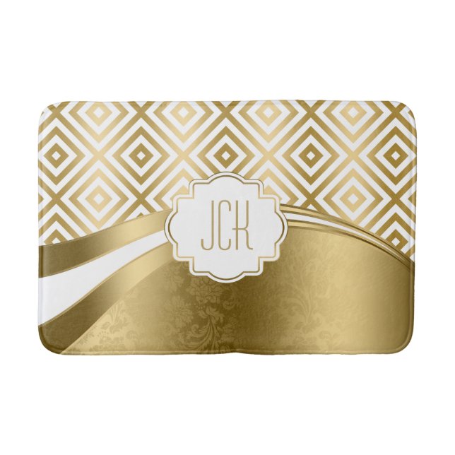 Tapete De Banheiro Padrão Geométrico Moderno Branco E Dourado (Frente)